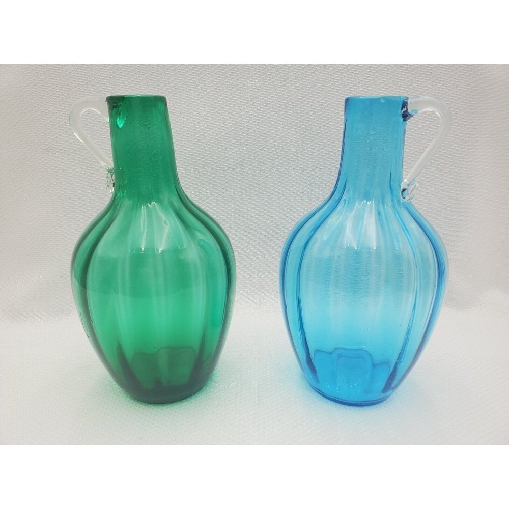 Beacon Glass Co. OMN No. 123 Blue and Green Optic Barrel Jug Mid-Century Set